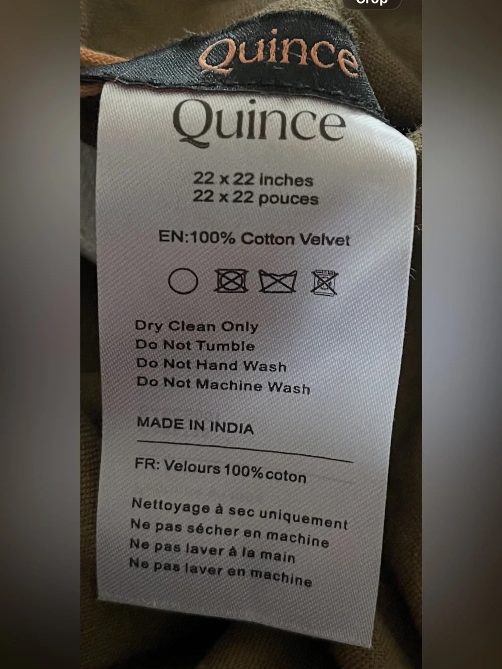 NWT Quince Classic Cotton Velvet Pillow Cover, 22 X 22 (Olive)